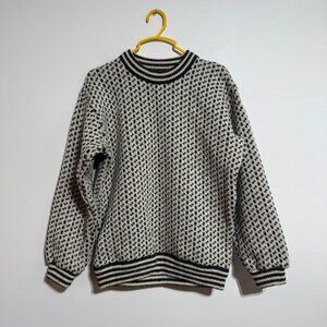 L.L. Bean Black and Cream Striped-Trim Crewneck Sweater